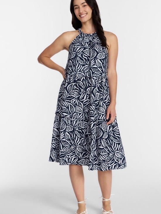 Time and Tru Dresses & Skirts - Time and Tru Navy and White Leaf-Print Halter Midi Dress